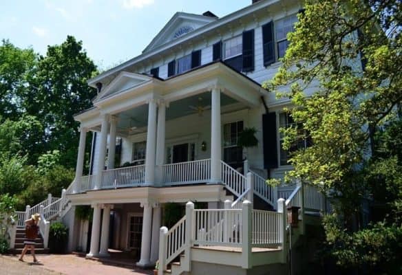 Front view of three story mansion. Riverview Farm - James River Plantations Historic Garden Tour