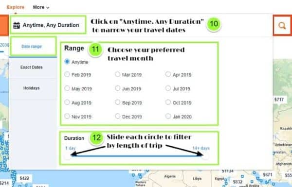 KAYAK Explore Select Travel month screen