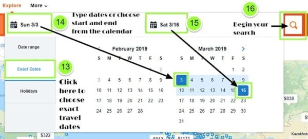 KAYAK Explore - select exact dates