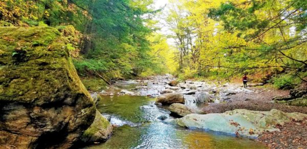 Moss Glen Brook flows leisurely through a rocky riverbed bordered by green and yellow autumn trees near Stowe, Vermont. New England is one of the best places to travel in October.