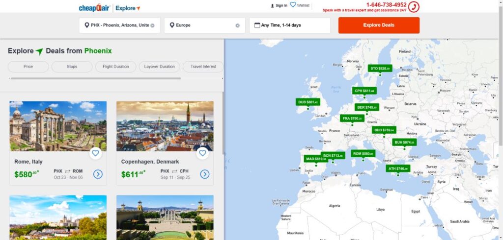 Map of Europe showing best airfare search engine and flight deals pricing with images and highlights of some of the best cities to fly to with pricing.