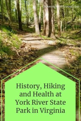 A wooded trail at York river state park virginia - text says History, Hiking and Health at York River State Park in Virginia