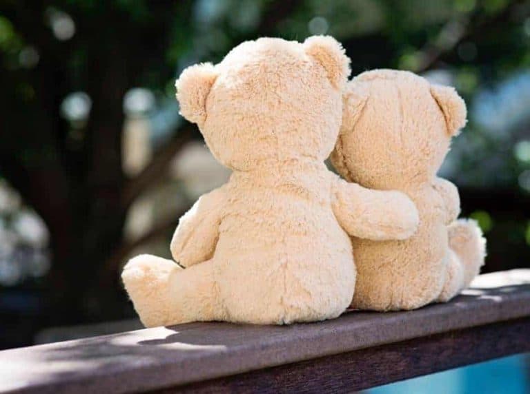 Rear view of Teddy bears sitting on a fence