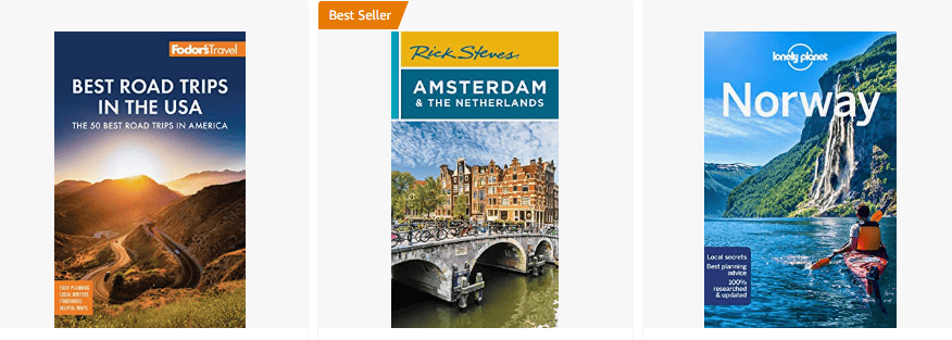 Three travel guide book covers for USA Road Trips, Amsterdam and Norway