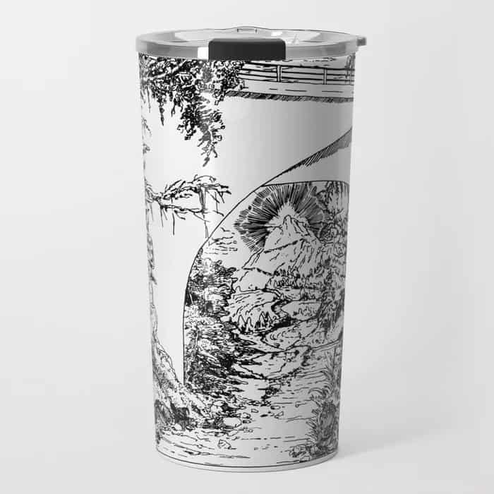 Insulated travel mug with line drawing of mountain trail