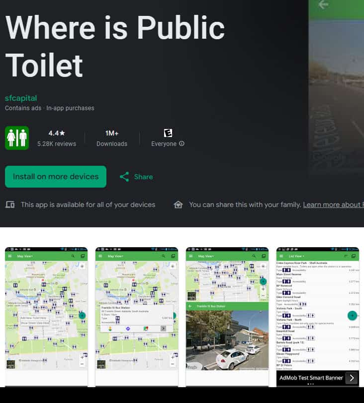 Screenshot of the app "Where is Public Toilet" webpage. It includes screenshots of maps on phones showing icons of where public toilets and restrooms can be found.