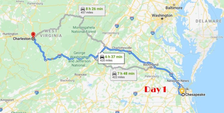 Day 1 Chesapeake VA To Charleston WV Google Maps 750x378 