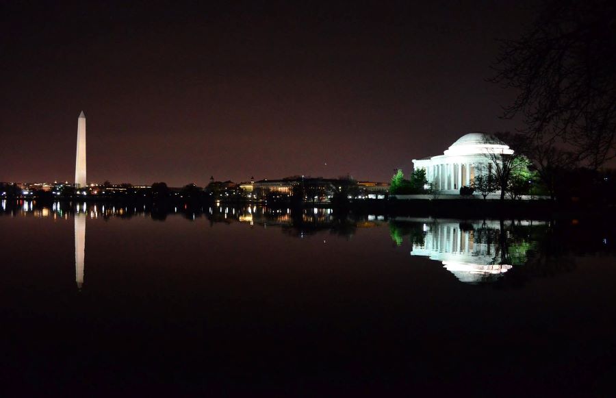 Washington Monument and Jefferson Memorial in Washington DC at Night