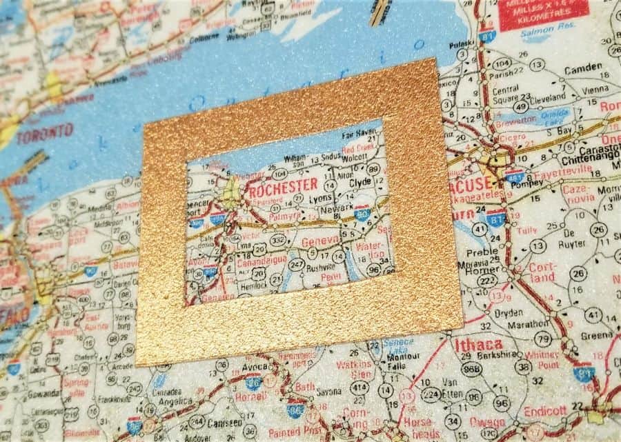 Close-up of New York State map with frame around Rochester NY - Idea Hack Map Table