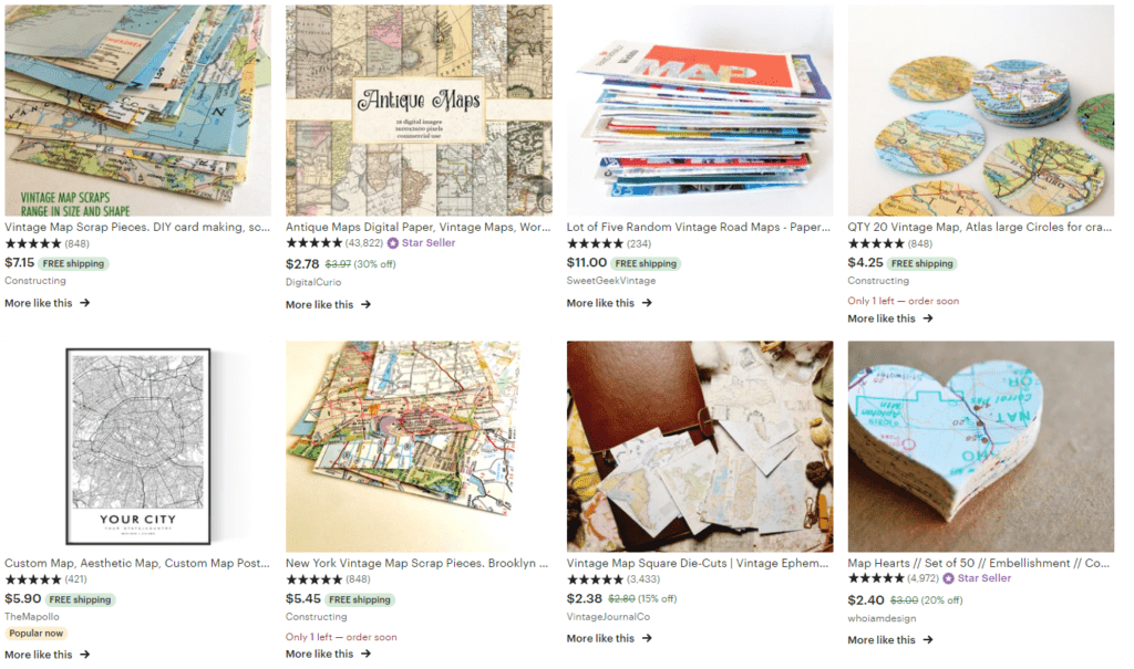 Screenshot of different paper maps for sale on Etsy