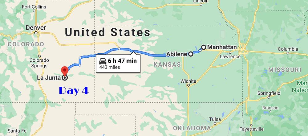 Map of route from Manhattan Kansas to La Junta Colorado