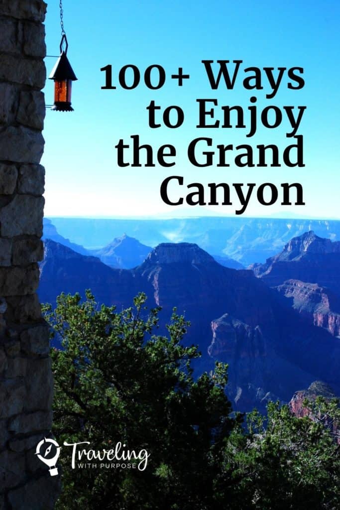 View of the corner of a stone building with a rustic light hanging outside. The shades of blue at dusk in the Grand Canyon - 100 Things to Do