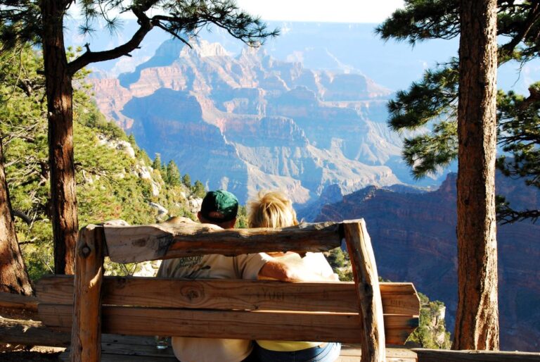 The view from behind of a man in a green baseball cap and woman with blonde hair sitting on a rustic log bench looking out over the Grand Canyon with colors of blues and oranges. There are evergreen trees on either side of the bench. North Rim Arizona