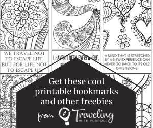 Picture of Free downloadable bookmarks that are black and white line drawings with travel quote. "We travel not to escape life, but for life not to escape us."