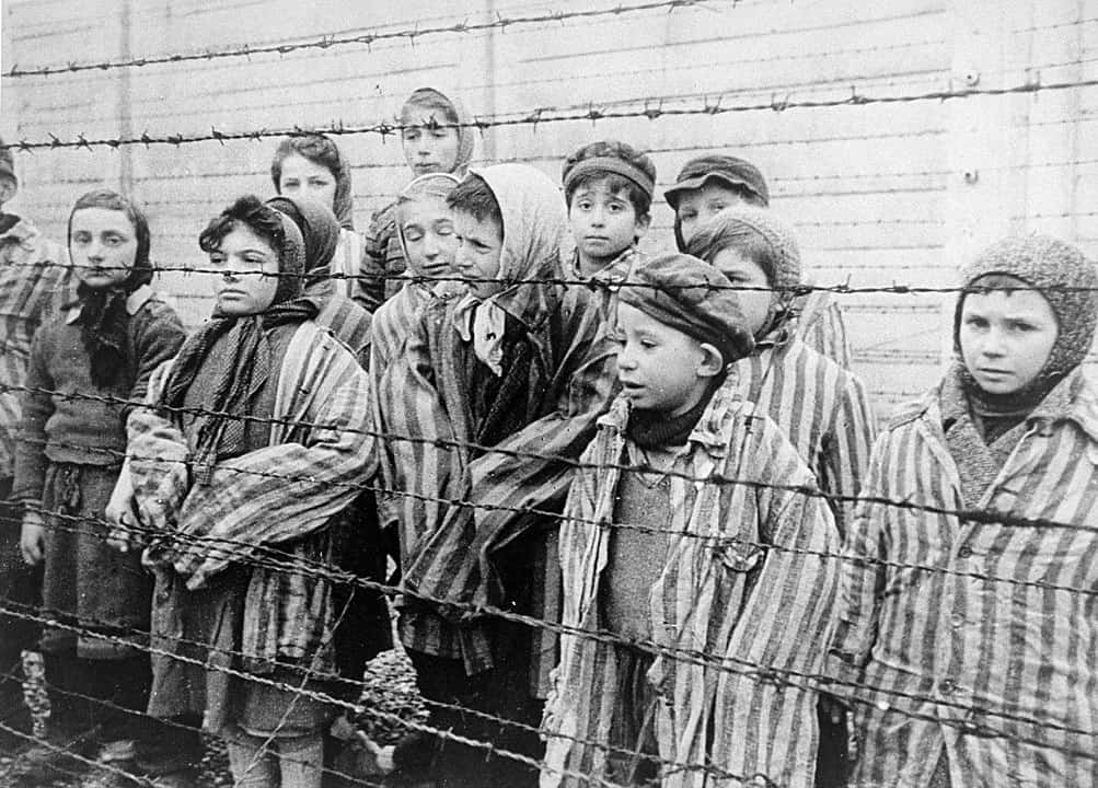 Children behind barbed wire at Auschwitz Extermination Camp