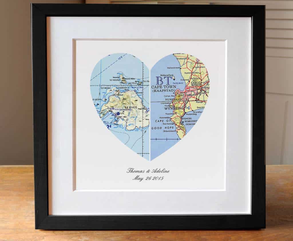Heart-shaped Map in a Frame - Anniversary, wedding gift