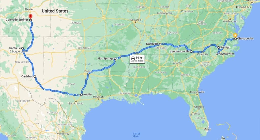 Ultimate USA Road Trip Map - Virginia to Colorado Springs