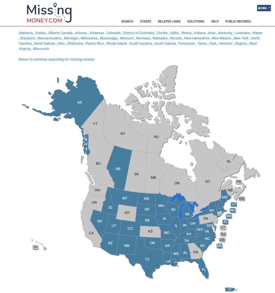 Map of USA and Canada from MissingMoney.com