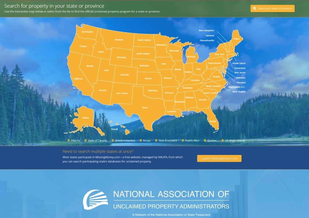 USA Map National Association for Unclaimed Property Administrators