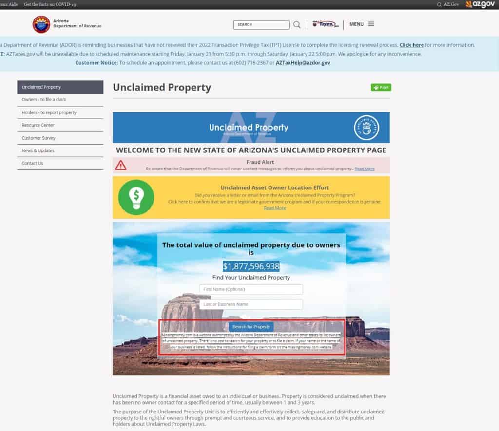 State of Arizona Unclaimed Money Web page