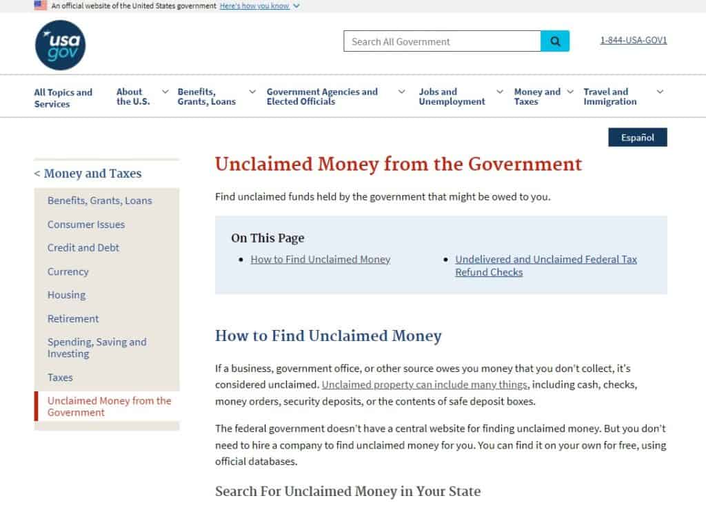 USA Government Website for Unclaimed Property Search