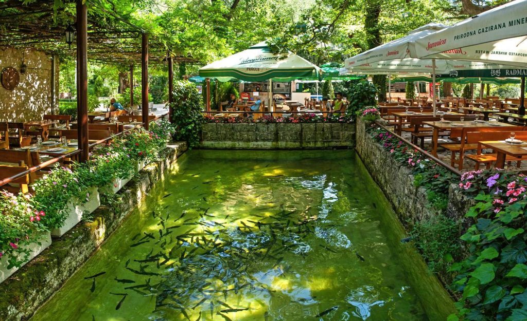 Radmanove Mlinice Restaurant tables and fish pond