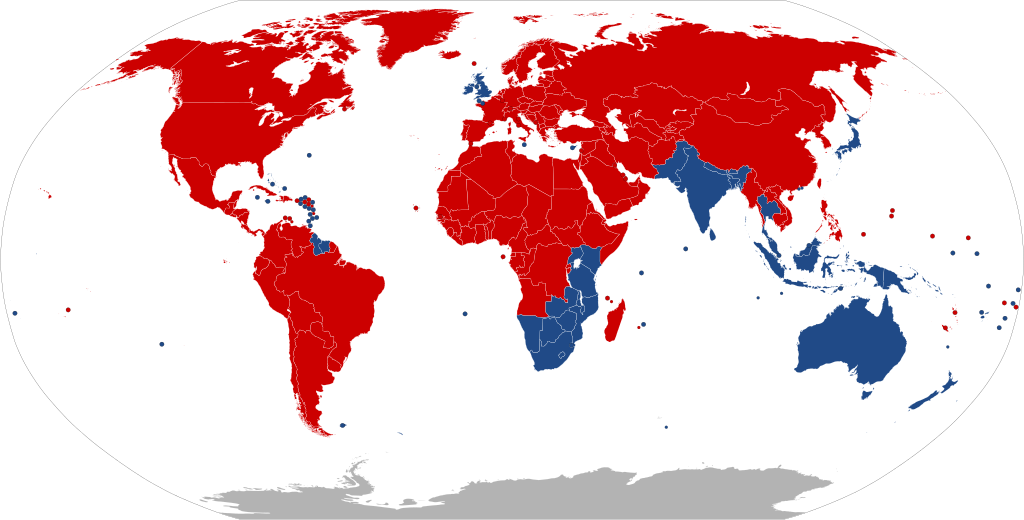 A world map of countries colored according to which side of the road they drive on. Countries colored blue drive on the left. Those colored red drive on the right.