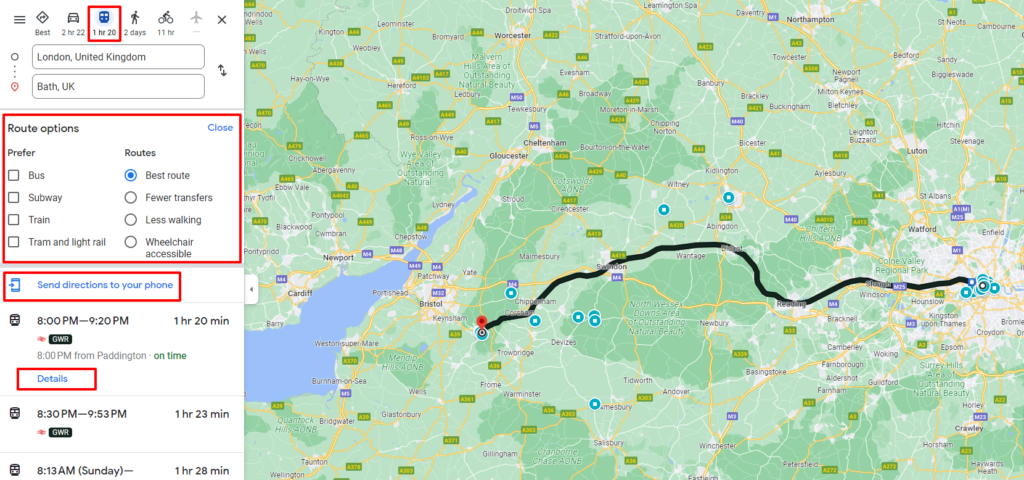 Google Map Showing Public Transportation Options between London and Bath UK
