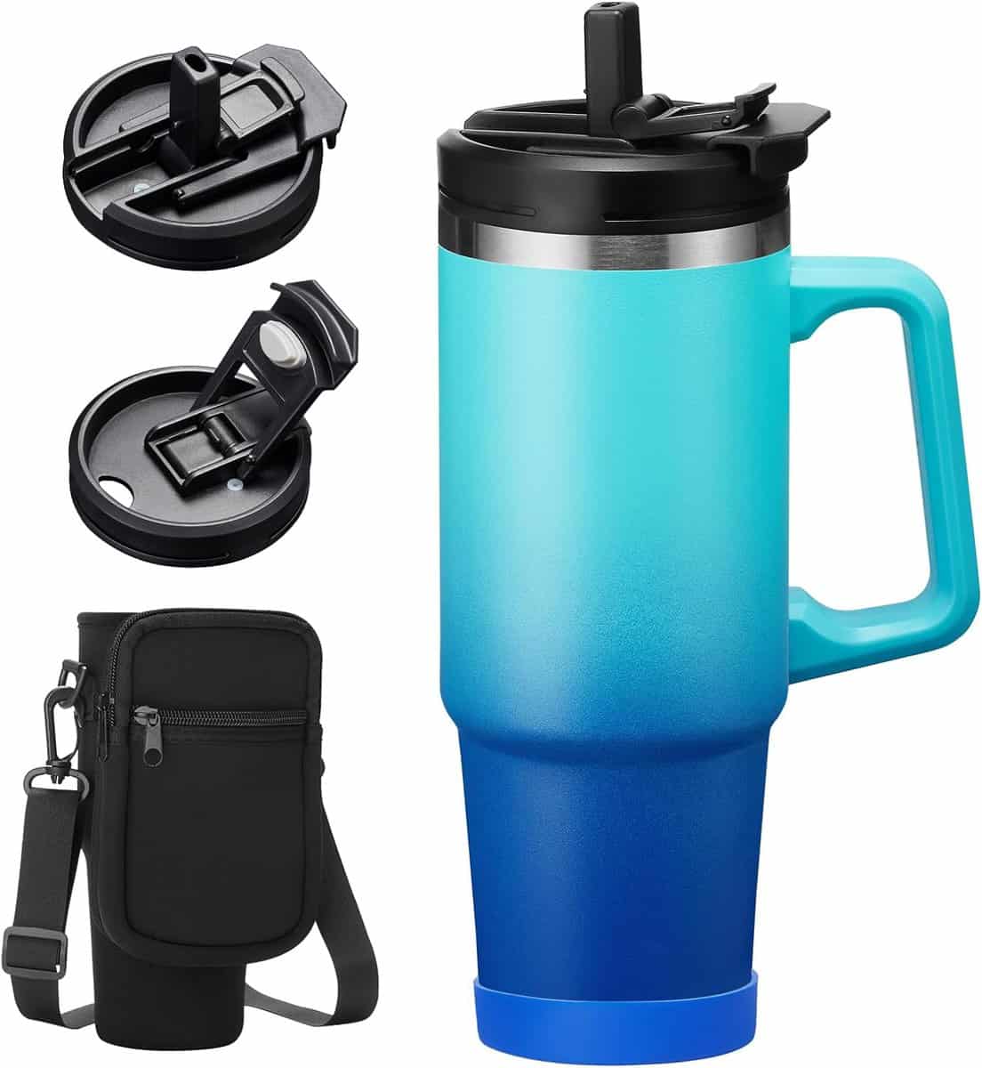 30 ounce insulated tumbler with handle in a gradient of royal blue and aqua. Tumber has 2 different styles of drinking and comes with a carrying case. Great for Father's Day gift ideas.