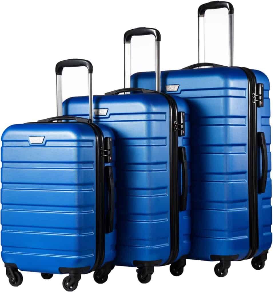 Blue 3-piece rolling hard sided luggage set. 3 sizes with pull-up handles.