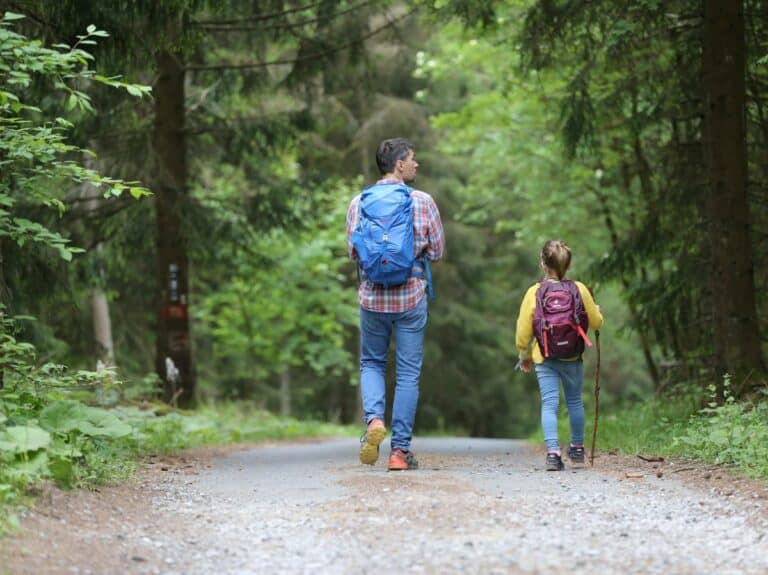 Rear view of father and young daughter wearing backpacks and walking down a road in a forest. The young girl has a walking stick.