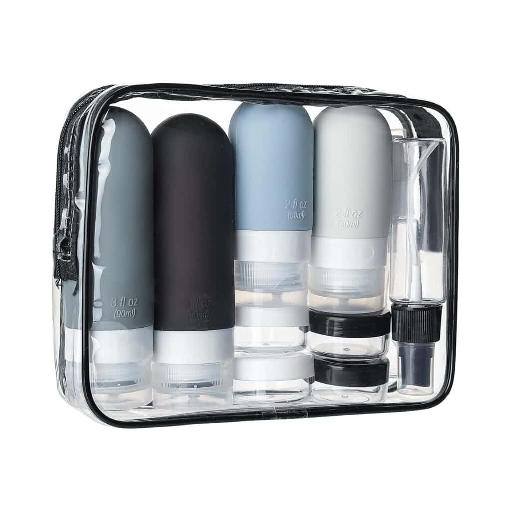 Clear zippered toiletry bag with 15 components. It includes 4 refillable bottles, 4 small jars, a small spray bottle and cleaning tools. Great for Father's Day gift idea