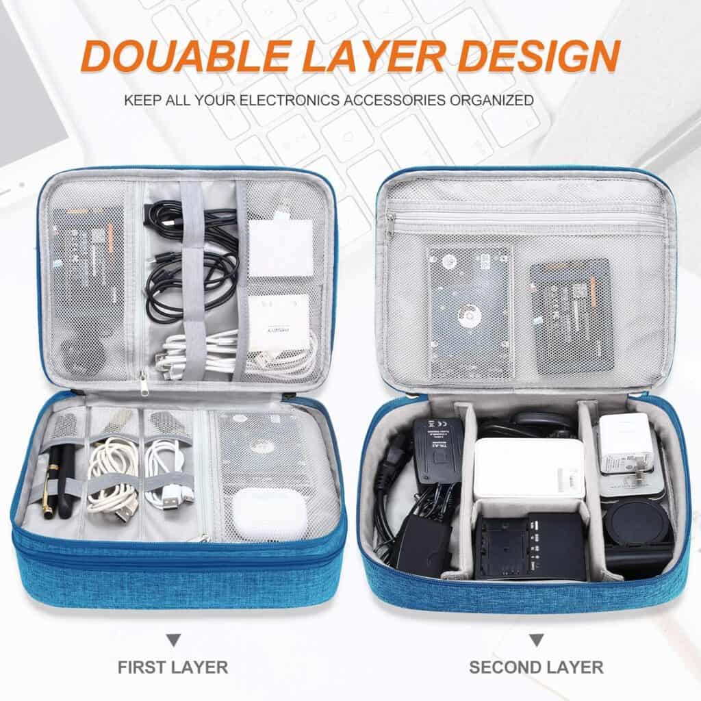 Blue 2-layer tech organizer holds electronics at home or for Travel. Image shows Cable Accessories,  Waterproof zippered Bag, Double Layer Portable Storage Case for Cable, Cord, Chargers, Phone, Adapter, Power Bank, Tablets, Hard Drives