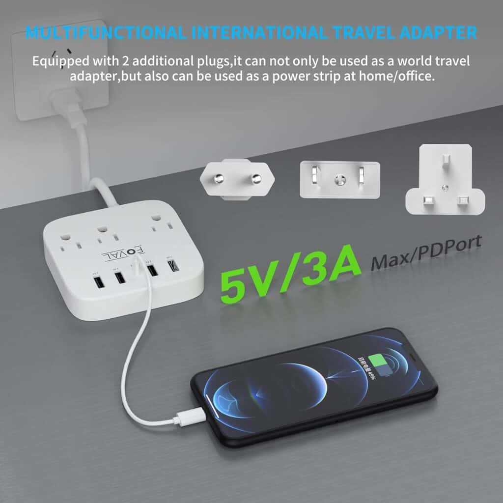 White international travel plug adapter with multiple outlets and USB ports. Also has 3 converters for use in other countries. One of the best gift ideas for international travelers