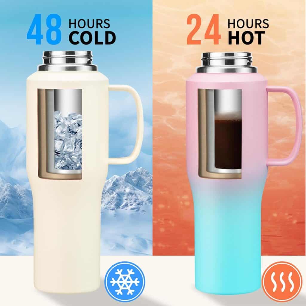 Two tall water bottles with handles. They are vacuum-insulated water tumblers with double-wall, that keeps your drink COLD for up to 48 hours, and HOT for up to 24 hours