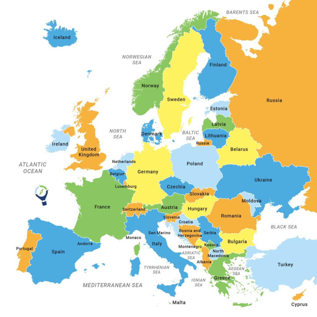 Europe map with 5 colors. Countries are labeled with their names and bodies of water around Europe are labeled too. Europe Travel