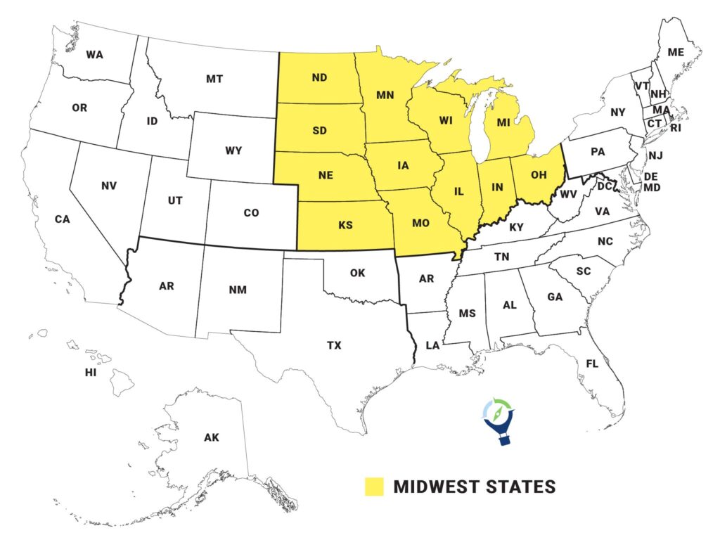 Map of the USA with state name abbreviations. The Midwestern region is colored in yellow. States are North Dakota, South Dakota, Nebraska, Kansas, Minnesota, Iowa, Missouri, Wisconsin, Illinois, Michigan, Indiana and Ohio. 