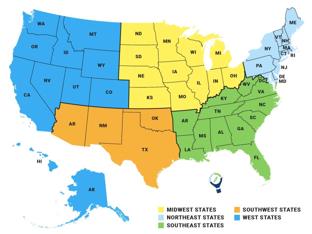 United States map with state name abbreviations. Map has 5 colors. One for each region, including Western states, Midwest, Northeast, Southeast and Southwest states. USA Travel