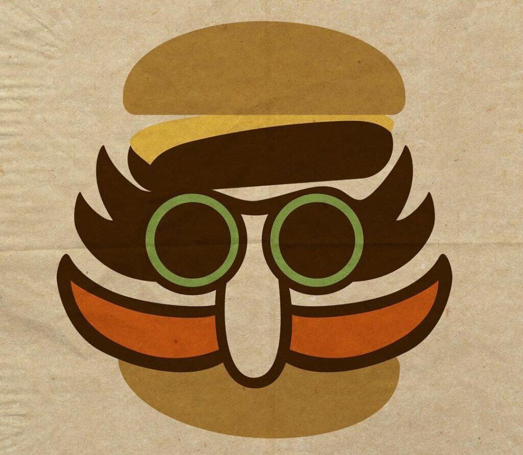 Doc Ponds restaurant logo. A man's face with a long mustache, green round glasses and bushy hair wedged between a hamburger bun.