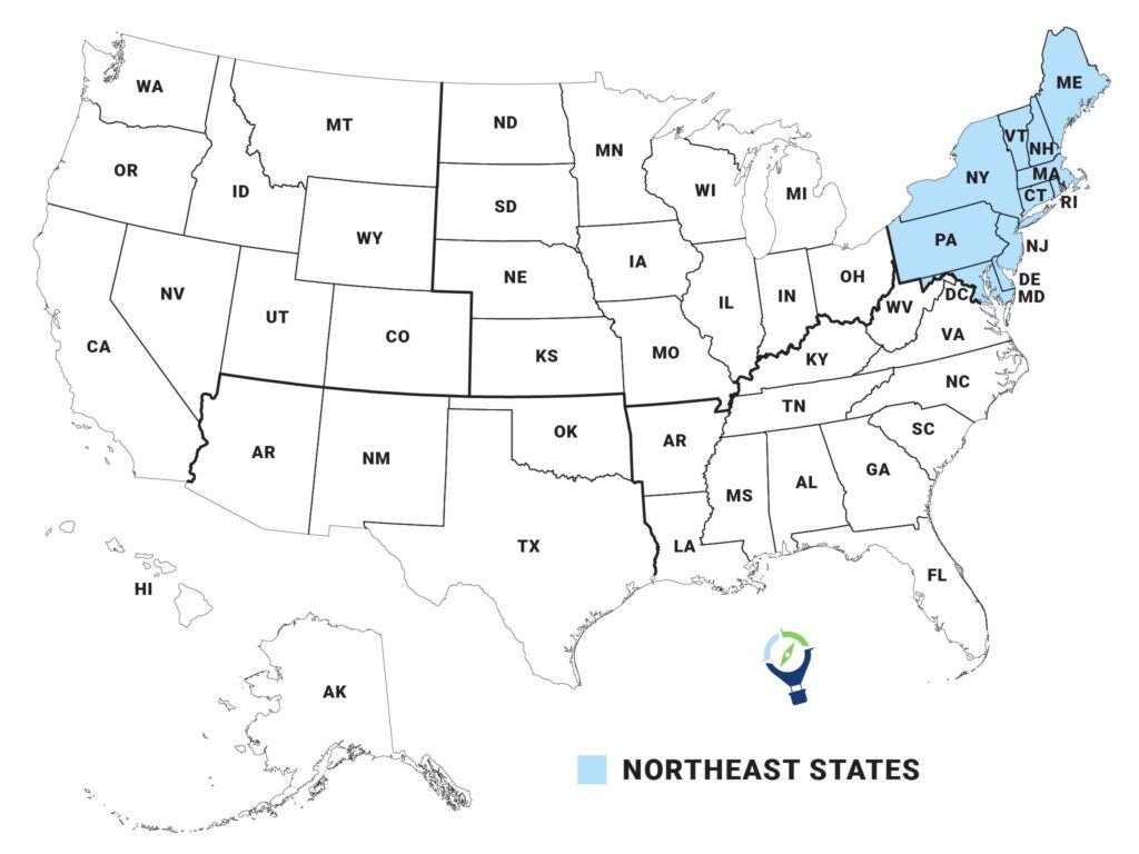 Map of the USA with white background and black state borders. The map also has state name abbreviations. This map has the Northeastern region states colored in light blue. Those states are Maine, New Hampshire, Vermont, Massachusetts, Rhode Island, Connecticut, New York, Pennsylvania, New Jersey, Delaware and Maryland. 