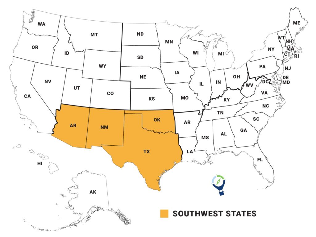 USA map with outlines of all the states and state name abbreviations. The Southwest region is highlighted in orange, which includes Arizona, New Mexico, Texas and Oklahoma. Southwest States Travel