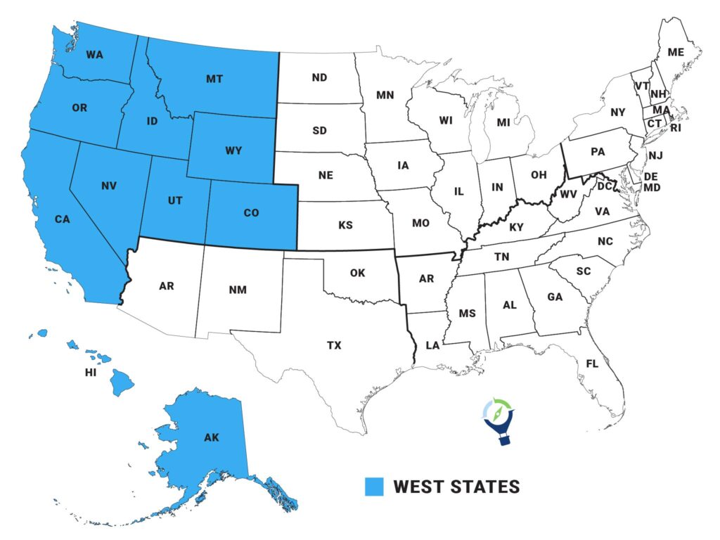 USA map with outlines of all the states and state name abbreviations. The West region is highlighted in blue. Western States Travel