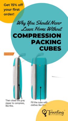 Graphic with teal and gold circles plus an image of compression packing cubes expanded and compressed. Text says "Why you should never leave home without compression packing cubes. Get 15% off your first order."