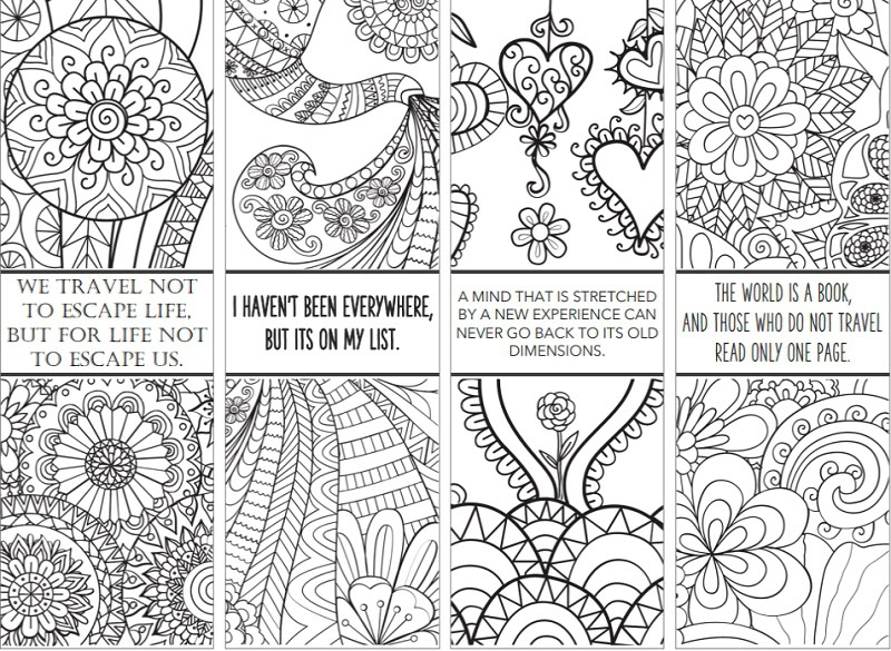 Travel freebies: 4 free black and white downloadable bookmarks with line art and travel quotes. They can be colored with pens, markers or crayons.