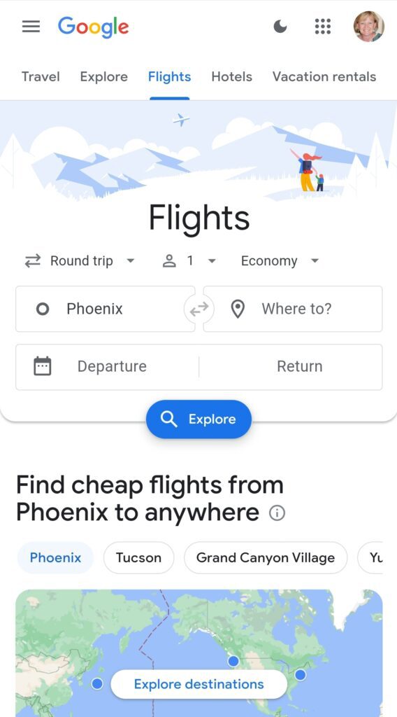 Screenshot of Google Flights web page. Graphic at the top shows mountains and clouds with a woman and child looking up in the sky at an airplane. Text says "Flights" and "Find cheap flights from Phoenix to anywhere".