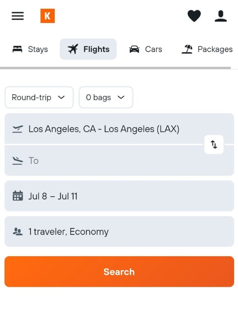 Screenshot of Kayak.com Flight search page - it includes fields for departure city, arrival city, date range, number of travelers and search button. One of the best helpful travel resources 