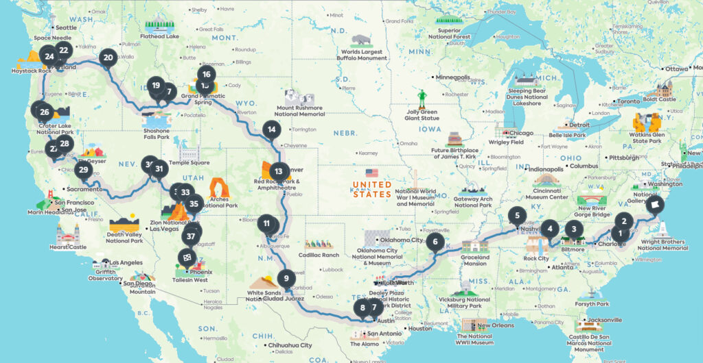 USA Road Trip map with 38 stops from the East Coast to the West Coast. States included are North Carolina, Tennessee, Arkansas, Texas, Arizona, New Mexico, Colorado, Wyoming, Idaho, Oregon, California, Nevada, and Utah