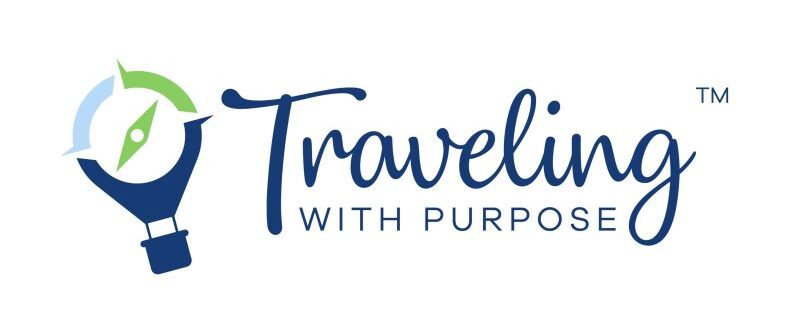 Traveling with Purpose word Logo and graphic image of simplified hot air balloon with compass needle inside - shows trademark symbol "TM"