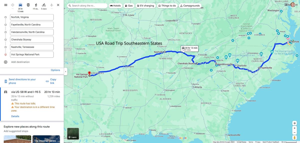 Green Google Map of route from Norfolk, Virginia to Hot Springs National Park in Arkansas. The route goes through Fayetteville and Hendersonville, North Carolina, and Nashville, Tennessee. Great road trip in the southeast states.