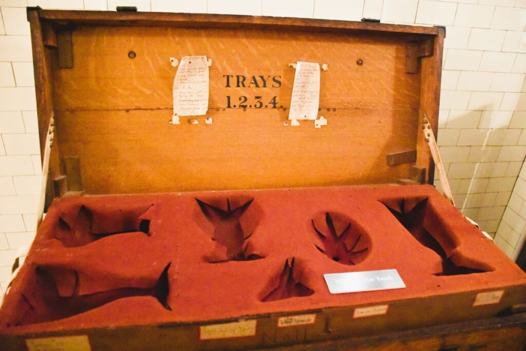 A large wooden storage trunk for moving silver serving pieces from the New York home to The Elms Gilded Age Mansion in Newport, Rhode Island